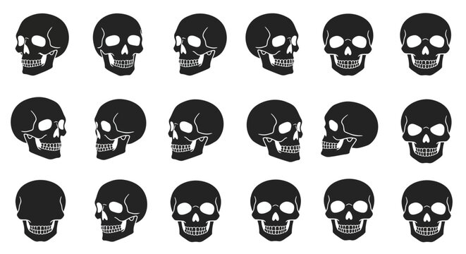 Set of Minimalist Human Skull Silhouettes in Various Angles for Halloween and Anatomy Design