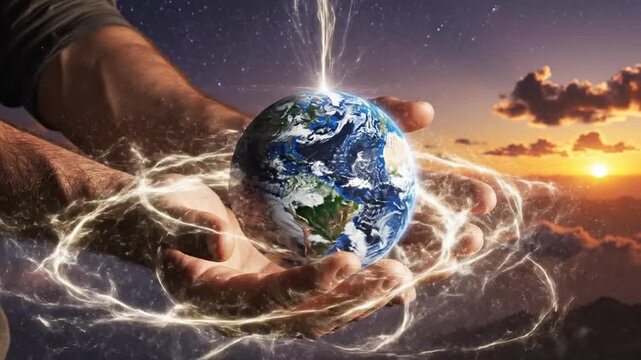 A person holds the Earth in their hands with glowing lines around it at sunset