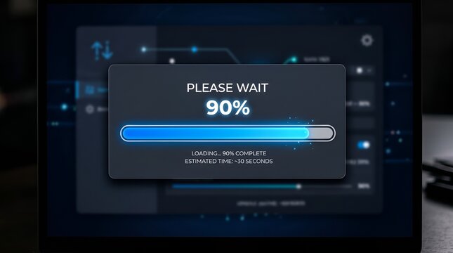 Loading screen with progress bar on computer monitor