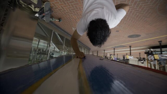 Smiling Athlete Spinning Painted Board Over His Head On San Francisco Street - POV, Upside-Down, Slow Motion Shot