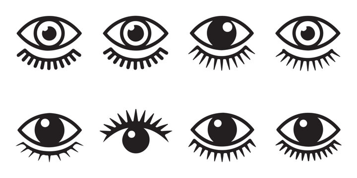 Graphic set of human eyes with eyelashes icons isolated on a simple light grid background.