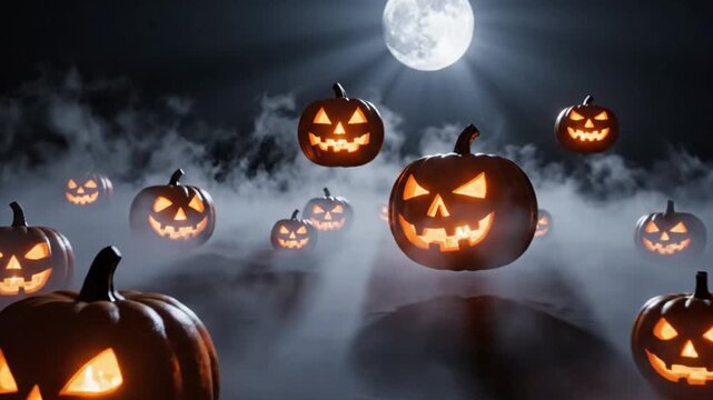 Spooky carved halloween pumpkins hovering over foggy landscape under bright full moon light.