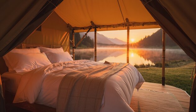 Luxury glamping tent interior with a cozy bed overlooking a misty lake at sunrise