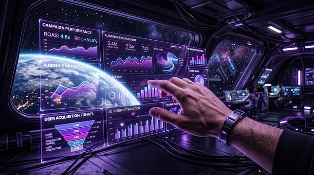 Close-up of digital marketing strategist's hand interacting with holographic analytics dashboards in warm golden lighting, Gen by AI