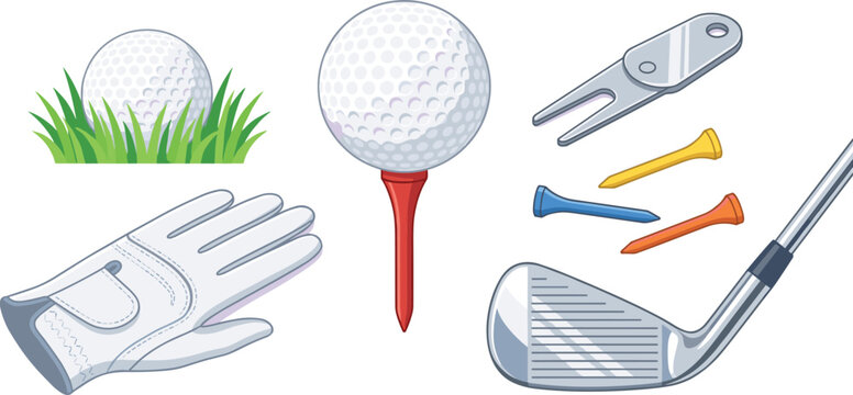 Golf equipment collection featuring golf ball tee club glove divot tool and accessories for sports vector illustration