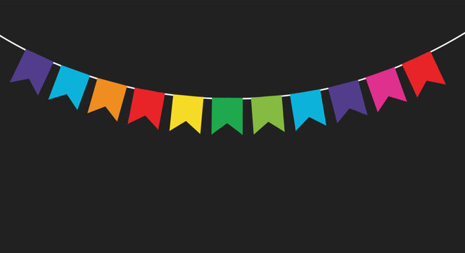 Festive colorful bunting garland flags hanging on a thin white string against a solid black background for a party theme.