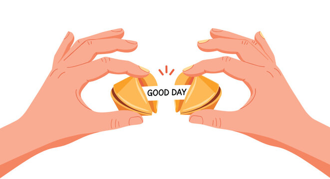 Pair of hands breaking open a traditional fortune cookie to reveal a small paper slip with a positive GOOD DAY message.