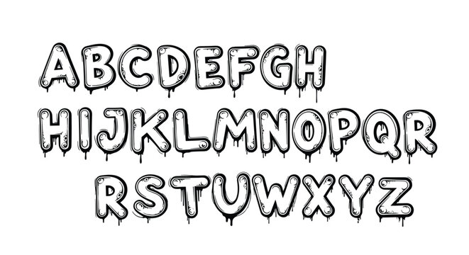 Creative font alphabet in a dripping liquid or slime style with black and white bubbly characters and melting details.