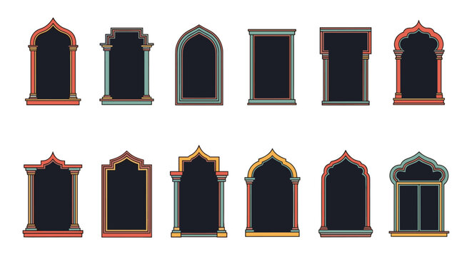 Collection of various ornate architectural window frames in a classic style with decorative arches and colorful borders.