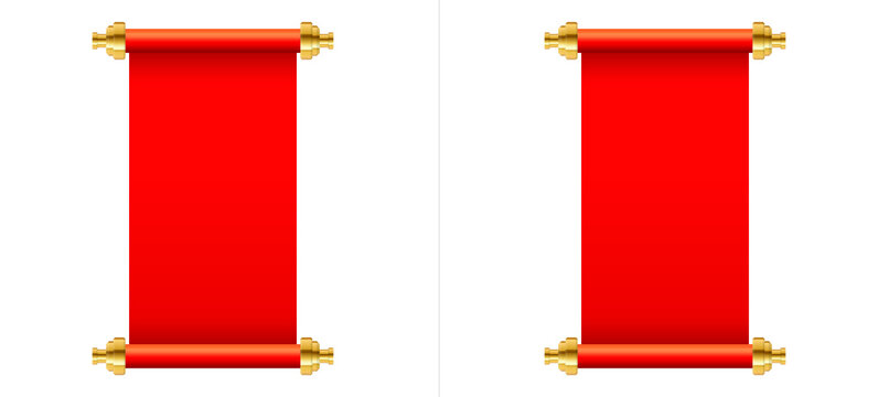 Set of two red paper scrolls with golden rollers, traditional chinese style blank parchment banners for celebration, invitation or announcement isolated on transparent background