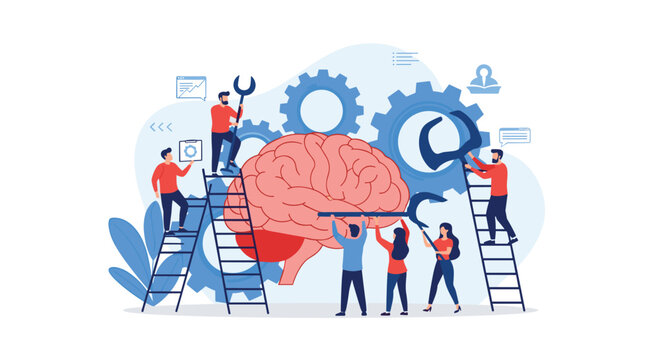 Group of tiny people working together on a giant human brain with gears and ladders in a mental health or logic concept.