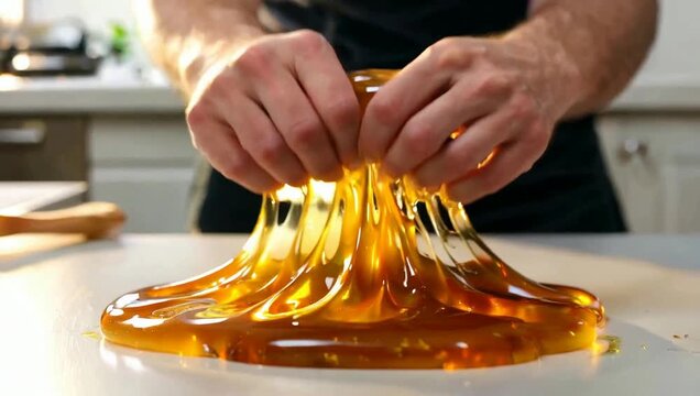 Hands pulling stretchy golden caramel candy