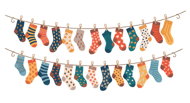 Colorful assortment of many patterned socks with stripes flowers and dots hanging on two clotheslines with wooden clips for drying.