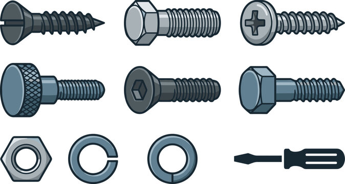 Industrial fasteners construction hardware vector illustration collection featuring metallic bolts screws nuts washers thumbscrew and small screwdriver icon elements.