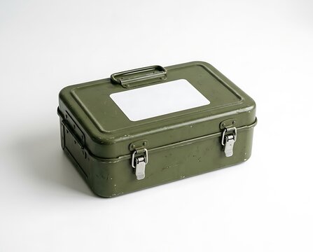 Vintage Green Metal Tool Box with Blank Label on White Background