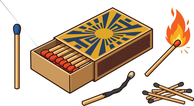 Matchbox and wooden match collection featuring matchsticks, burning match, burnt match and fire starter vector illustration