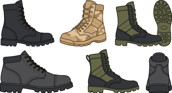 Military and tactical combat boots collection featuring leather, desert camouflage and army boots isolated footwear vector illustration