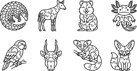 Educational Wildlife Jigsaw Puzzle Animals Vector Set. Black  White Line Art Glyphs: Pangolin, Okapi, Quokka, Axolotl, Parrot, Antelope, Lemur, Fennec Fox Cartoon. © ilaalaa