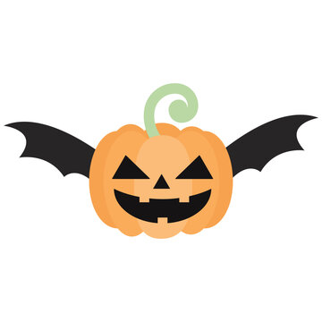 Cute Halloween Pumpkin Jack o lantern with Black Bat Wings Vector