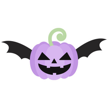Cute Purple Pastel Halloween Pumpkin Jack o lantern with Black Bat Wings Vector