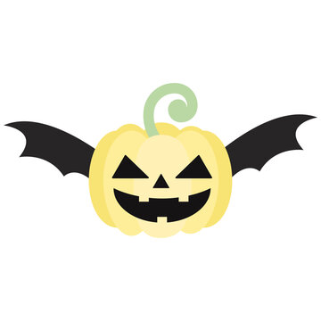 Cute Yellow Pastel Halloween Pumpkin Jack o lantern with Black Bat Wings Vector