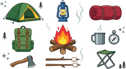 Outdoor camping and hiking equipment vector illustration collection featuring a dome tent bonfire backpack sleeping bag lantern compass and stool elements. © Prodip
