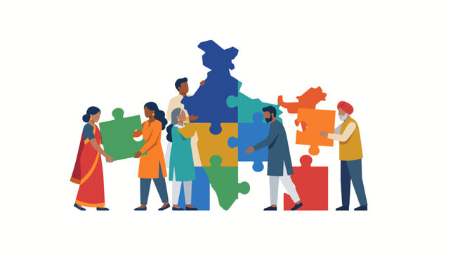 Diverse Indian people assembling India map puzzle for Independence Day celebration