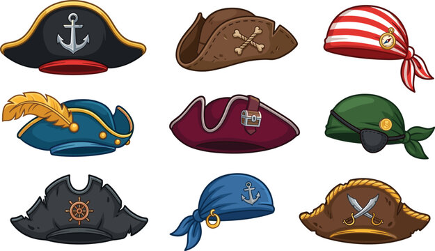 Pirate hat collection featuring classic buccaneer captain tricorn bandana and eye patch headwear isolated vector illustration