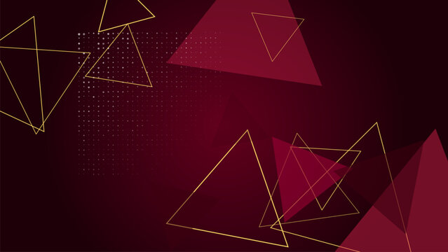 Abstract geometric background with golden wireframe triangles and dark red shapes.