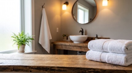Spa style bathroom interior with folded white towels, rustic wooden countertop, vessel sink and round mirror © MRSTworks