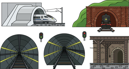 Railway tunnel collection featuring high speed train, locomotive, underground tracks, tunnel entrances and railway infrastructure vector illustration © Prodip