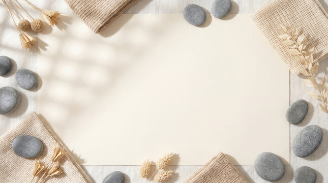 Somatic healing setup with minimal room for text surrounded by stones and towels
