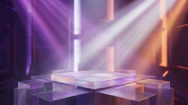 Abstract futuristic neon stage with glass platforms and rays.