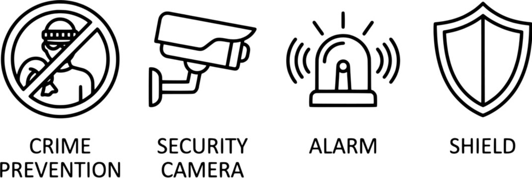 Security and crime prevention icon set in a flat line style including surveillance camera, alarm siren and shield symbol.