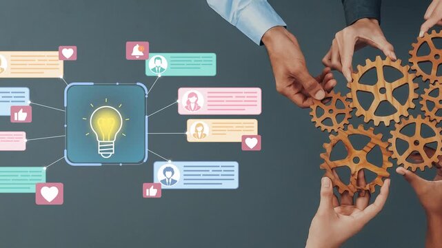 Illustration of teamwork concept with light bulb icon and social media communication, showcasing collaboration and creative ideas in modern business environment. Entropy.