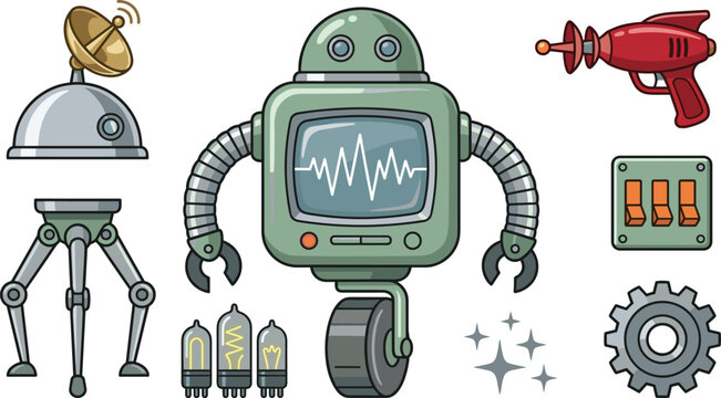 Retro robot and vintage sci-fi technology vector illustration collection featuring a unicycle droid ray gun antenna tripod switches and gear elements.