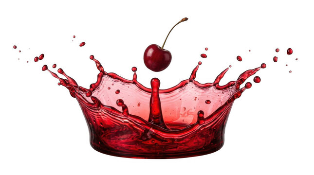 Red cherry splashing into juice creating crown splash effect.