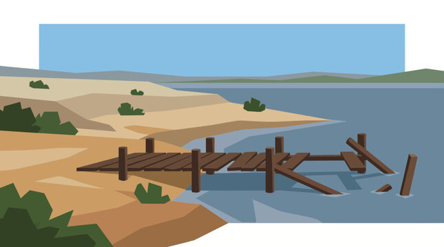 Receding Shoreline Exposing Old Sunken Wooden Dock