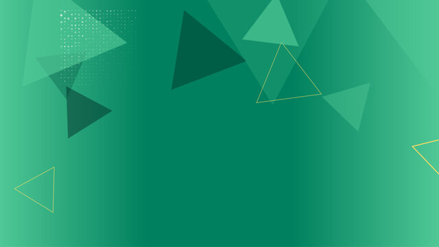 Abstract green geometric background with floating triangles and modern design elements.