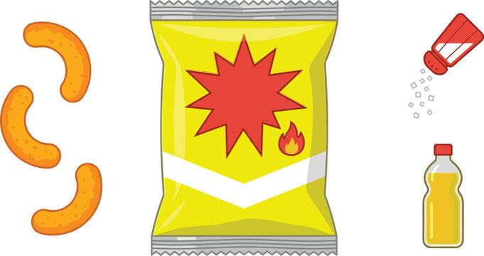 Spicy cheese puff snack packaging mockup featuring crunchy corn puffs, seasoning, hot sauce and food bag vector illustration