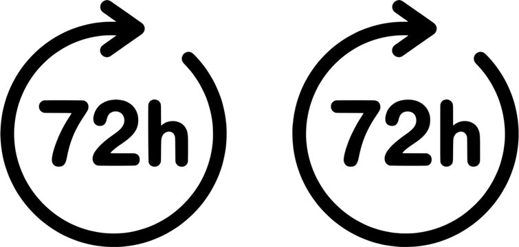 72h icon set. Circular arrow symbols indicating 72 hours duration in outline style. Editable vector illustration on white background.