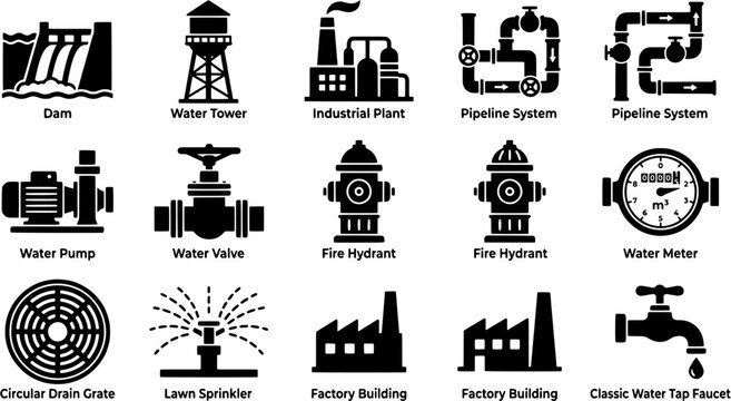 Water infrastructure and industrial equipment icon set in a flat black silhouette style including dam, water tower, pipeline, fire hydrant, pump and faucet.