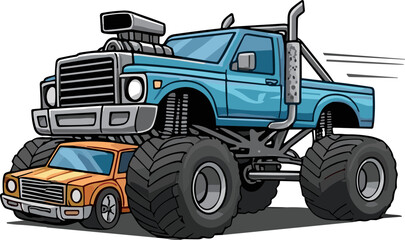 Blue monster truck crushing orange car, cartoon style, extreme power © meli