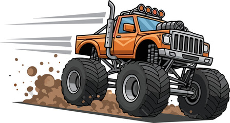 Orange Monster Truck Driving Fast, Kicking Up Dirt and Speed Lines © meli