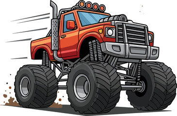 Orange monster truck with large tires driving fast, cartoon style © meli