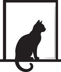 Black cat silhouette, sitting cat, window view, feline illustration, pet graphics © MDSAGAR