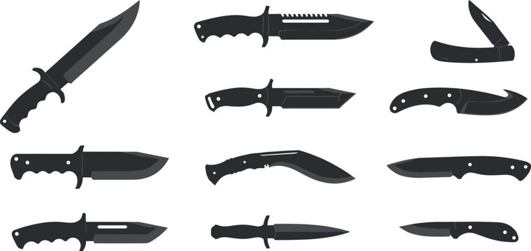 Tactical hunting knife collection featuring survival combat folding and fixed blade knives isolated black silhouette vector illustration