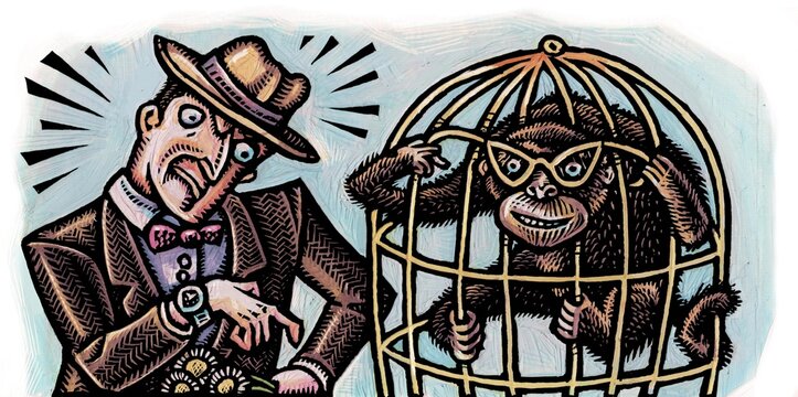 man looks at watch as monkey in cage tries on his glasses