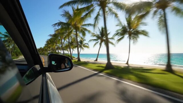 A car drives along a scenic coastal road lined with palm trees and green grass near a body of water on a sunny day.