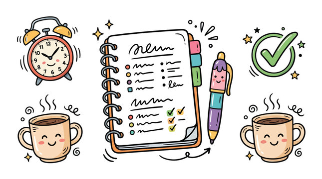 Organised hand drawn time management doodle vector collection featuring planner notebook alarm clock colorful pen checked list and coffee mugs